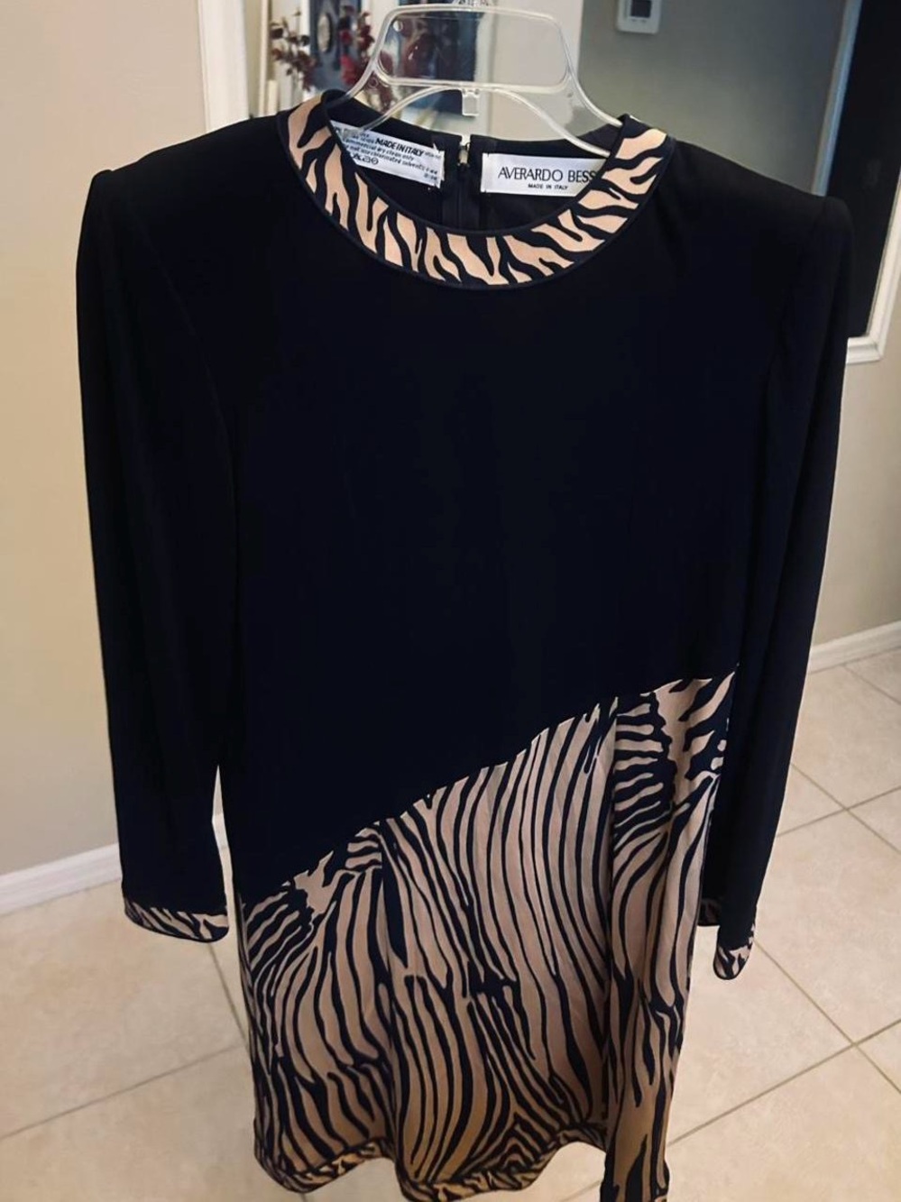 Vintage Averado Bessi Silk Abstract Black/Tan Zebra print dress size 10